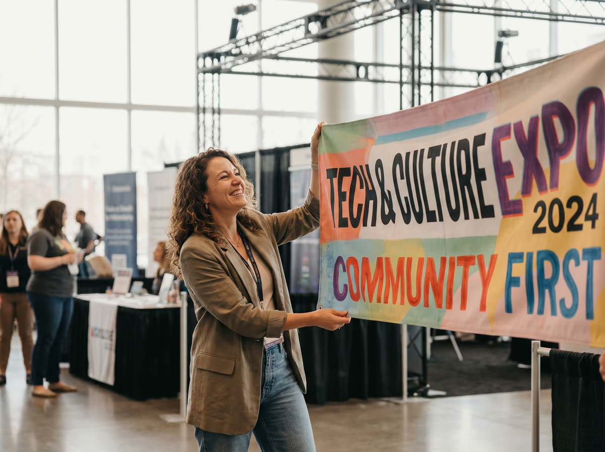 Event organizer unfurling a vibrant printed trade show banner